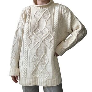Aran Crafts Womens White 100% Merino Wool Cable Knit Fisherman Irish Sweater XXL